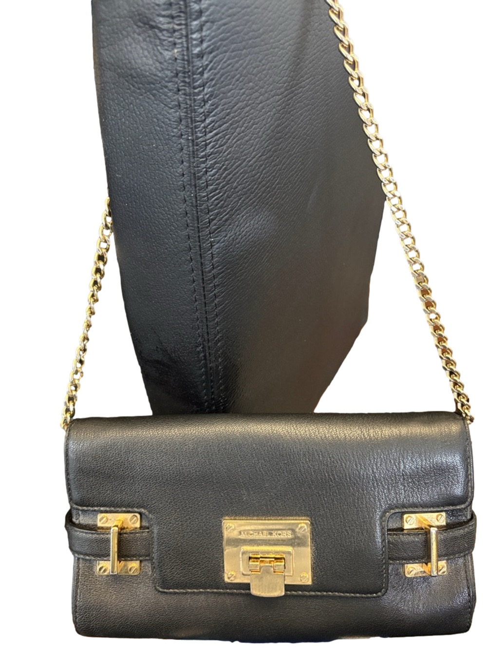 Michael Kors XL Astrid Clutch  Black Leather Purse with Gold Chain